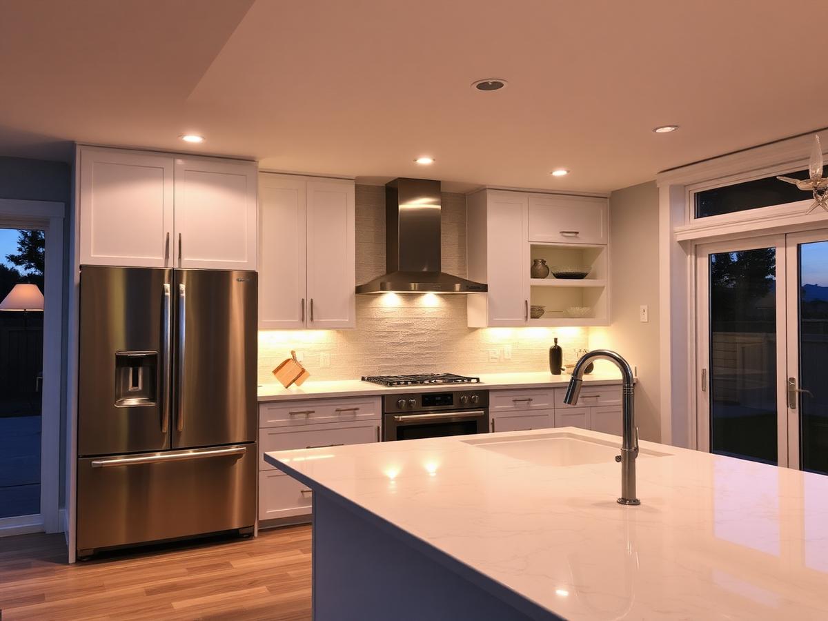 Kitchen with new recessed LED lighting installed by licensed electricians