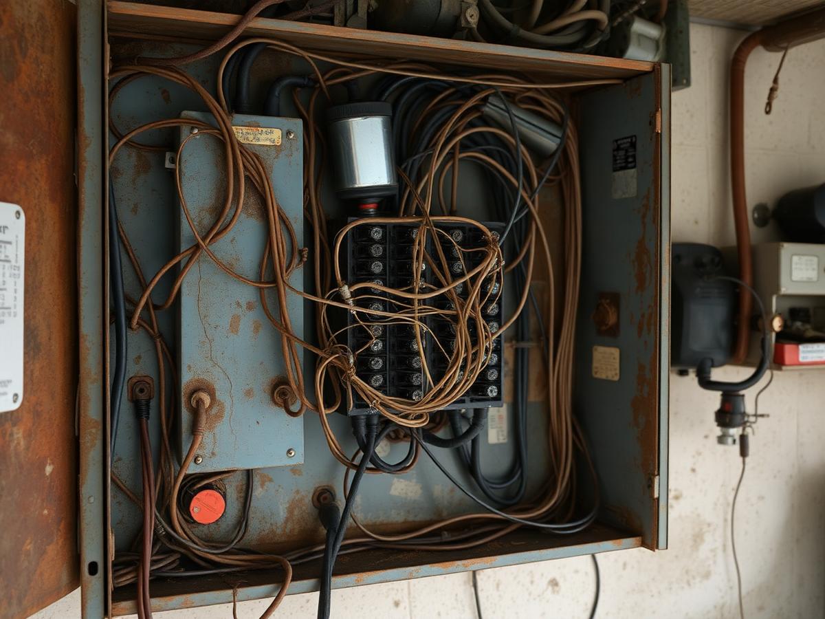 Outdated fuse panel with tangled wiring before a Sam Adam's Electric replacement