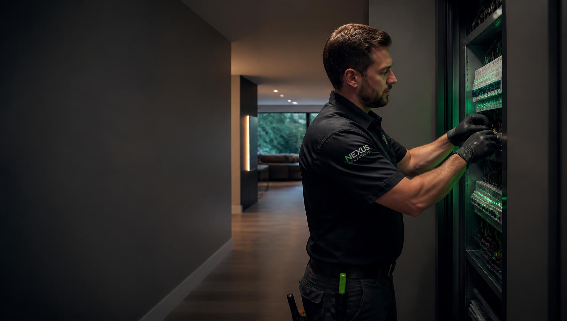 Licensed Sam Adam's Electric electrician servicing a modern electrical panel in a Bay Area home